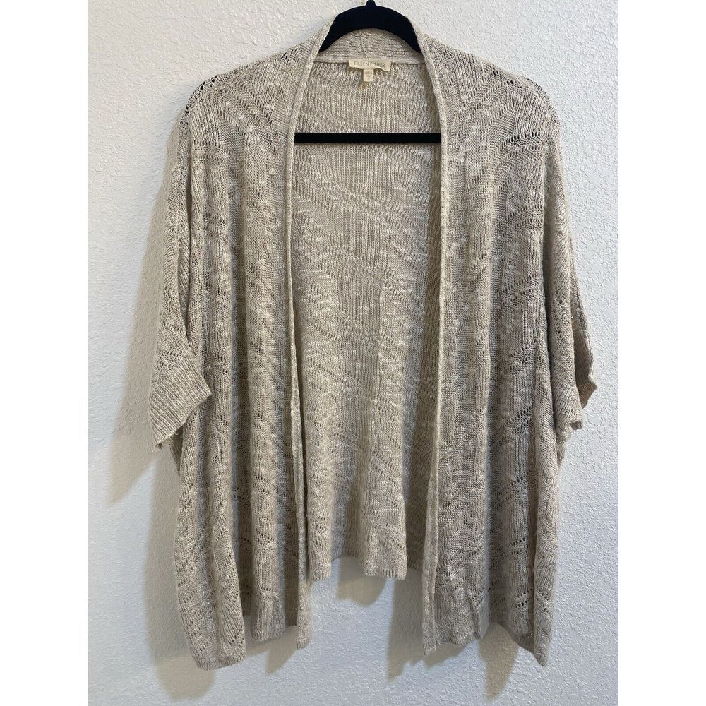 Eileen Fisher Cream/Ivory Open Front Cardigan Short Sleeve‎ Linen Blend Small